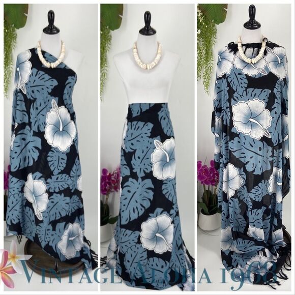 Vintage Aloha 1968 Other - Black/Gray White Hibiscus Monstera SARONG Pareo Lavalava Beach Wrap Skirt Summer
